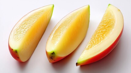 Three Slices of Vibrant Yellow Orange Fruit on White Background