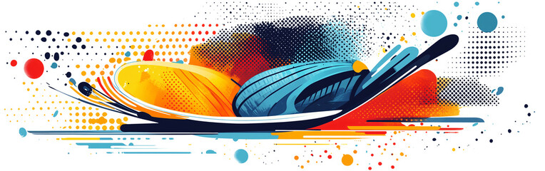 This vibrant illustration features dynamic blend of abstract shapes and colors, including blue and orange, with focus tire motif. energetic design suggests movement and speed, evoking sense