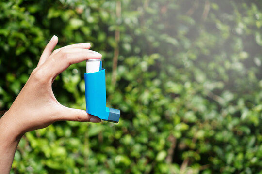 Hand Holding Inhaler and Pills for Asthma Treatment and Health. Open hand holding an asthma inhaler and pills. Symbol of world asthma day