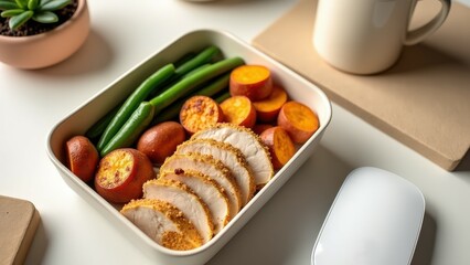 Healthy lunch with grilled chicken, sweet potatoes, and green beans in white container