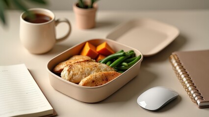Healthy chicken lunch with vegetables on desk near notebook and coffee