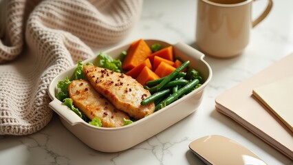 Healthy lunch with grilled chicken, sweet potatoes, and green beans on marble table