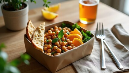Fresh chickpea salad with oranges and flatbread in eco-friendly box on wooden table