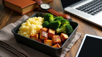 Delicious vegan meal with grilled tofu, mashed potatoes, and broccoli in a lunchbox on wooden table