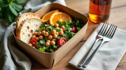 Fresh vegan salad with chickpeas, citrus, and flatbread in eco-friendly container