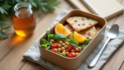 Fresh salad with chickpeas and orange slices in a lunchbox with crackers on a wooden table