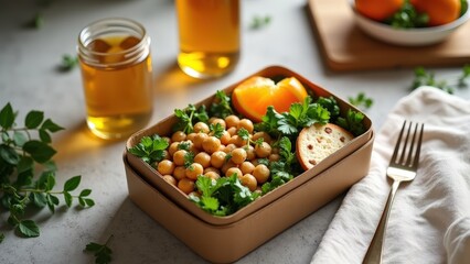 Healthy vegan lunchbox with chickpeas and fresh oranges on a rustic table