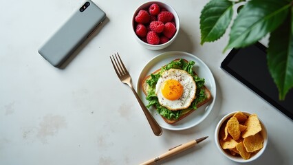 Delicious breakfast with fried egg toast, fresh raspberries, and corn chips on white table