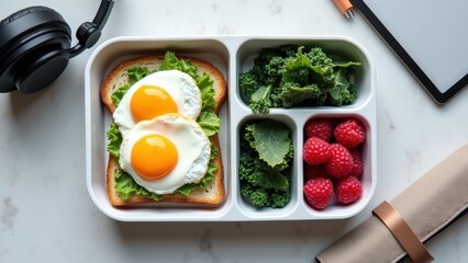 Healthy lunchbox with eggs, kale, and raspberries on white counter