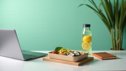 Modern workspace with sushi lunch and lemon water on minimalist desk setup