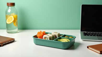 Bento box with sushi and laptop on desk in minimalist office setting