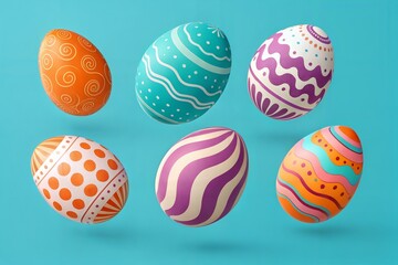 Obraz premium Set of decorated Easter eggs floating on bright blue background with artistic patterns and pastel colors, festive and modern design ideal for seasonal promotions, cards, and holiday visuals