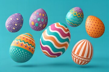 Naklejka premium Colorful decorated Easter eggs floating in mid-air on a cyan background, playful 3D visual perfect for festive designs, seasonal advertisements, greeting cards, and digital holiday banners