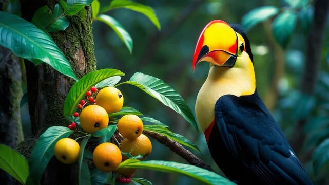 Toco Toucan eating fruit on a tree