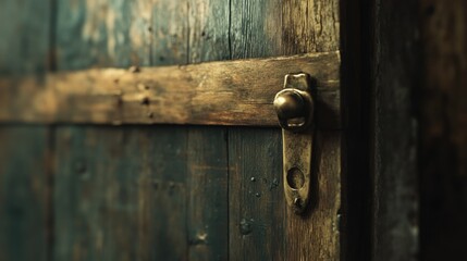 Fototapeta premium Weathered wooden door with a metal latch on the front surface