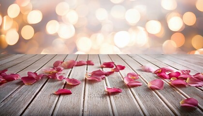 Pink rose petals scattered on wooden floor with sparkling bokeh background