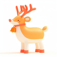 Cute cartoon reindeer with orange accents and a bell, white isolate background.