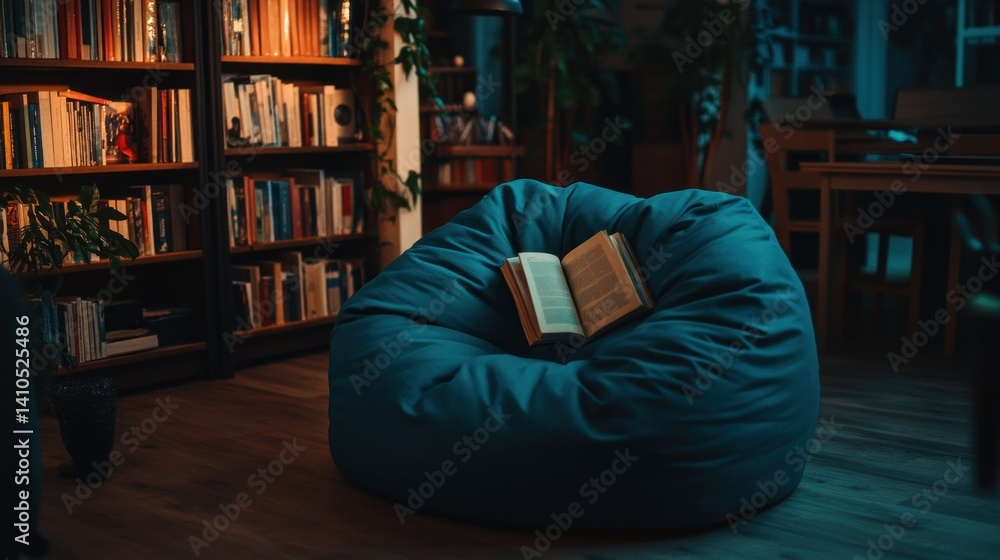 Poster a comfortable beanbag chair and open book in library setting