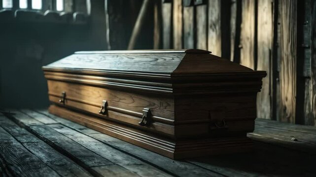 Wooden coffin displayed on a wooden background for presentation.