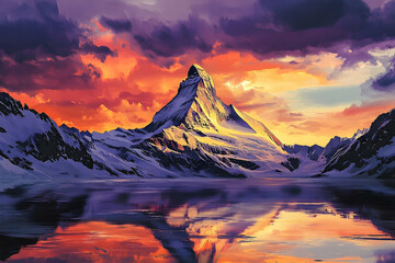 Dramatic alpine sunset over a snow-capped peak.