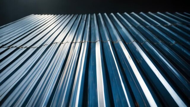 Metal roofing sheets for the industrial construction sector. Background with abstract textured patterns. Close-up view of blue sheeting on the roof showcasing geometric lines and diagonal stripes in
