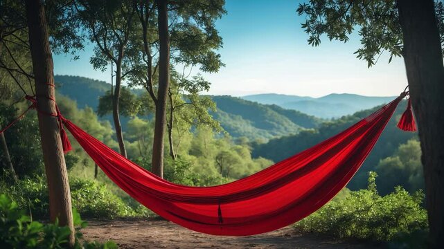 Red hammocks set up in the camping zone, an inviting spot for relaxation.