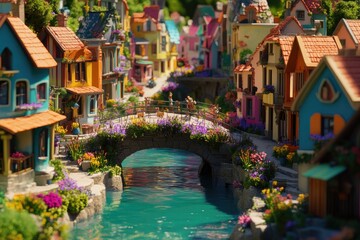 Vibrant, whimsical village scene; colorful houses line a canal spanned by a flower-laden bridge
