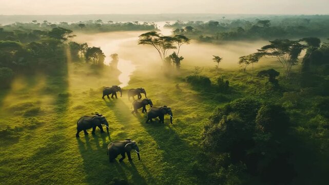 A stunning overhead drone shot of a small elephant herd trekking through the Amazon Rainforest.  - Powered by Adobe