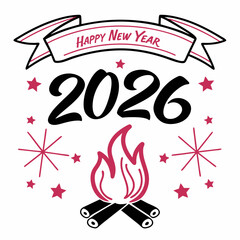 Happy New Year 2026 Celebration With Campfire And Stars Illustration