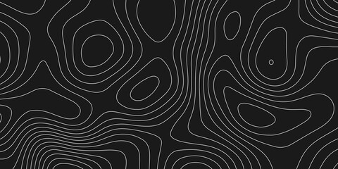 A seamless black and white topographic map pattern featuring stylized contour lines that represent elevation. This vintage-inspired design captures the classic look of outdoor maps with intricate line
