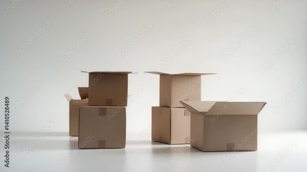 Poster collection of cardboard boxes separated on a white background. observed from various perspectives in