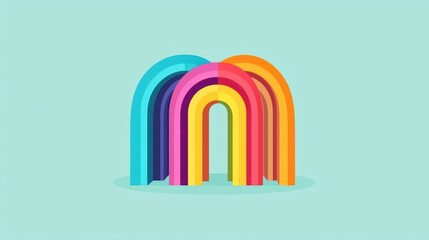 Colorful abstract rainbow arches against light teal background. Possible use Stock photo for kids' books, education, or design