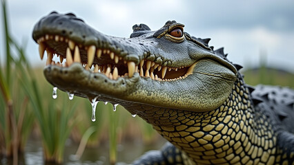 Obraz premium Alligator Head Close-Up in Marsh Environment