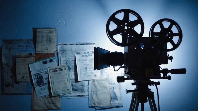 Vintage film projector, old music sheets, movie history backdrop. Possible use Stock photo for movie history, film, vintage, old
