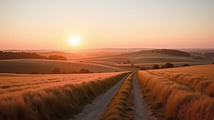 Fototapeta premium Dirt Road Through Wheat Fields at Sunset