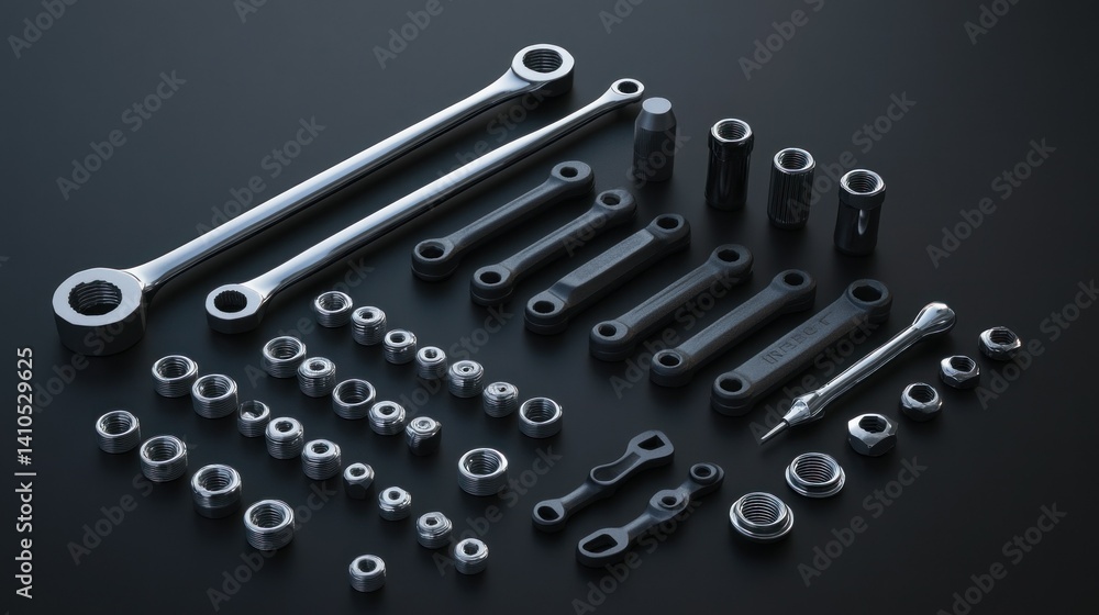Poster assorted metal tools and fasteners neatly arranged on a dark surface