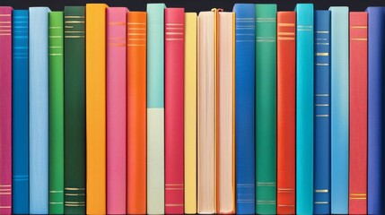 A vibrant collection of colorful books lined up neatly on a shelf, showcasing a variety of genres and styles.