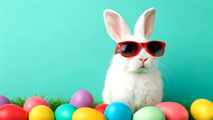 Fototapeta premium easter bunny white rabbit red sunglasses colorful