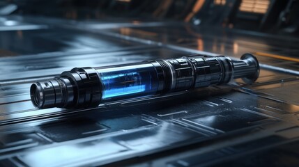 A futuristic metallic device with internal glowing blue components