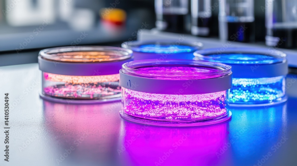 Poster illuminated scientific containers display colorful chemical luminescence experiments on a surface