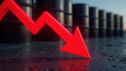 Red arrow decline with oil barrels in background indicating market downturn
