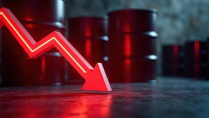 Red arrow indicating falling oil prices with barrels in background