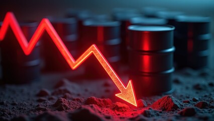 Oil price drop illustrated by red arrow and barrels on rocky ground