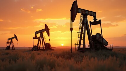 Oil pumps silhouetted against vibrant sunset in scenic rural landscape