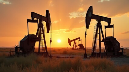 Oil pumpjacks in sunset landscape with dramatic sky and silhouette effect