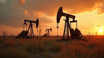 Oil pumpjacks silhouetted against sunset in desert landscape
