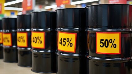Black oil drums with discount labels in warehouse setting reflecting various percentages