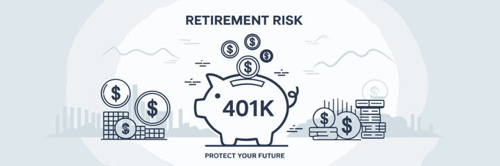 Retirement risk concept with 401k piggy bank and cascading dollar signs – Perfect for retirement planning articles, financial security discussions, or investment risk content.
