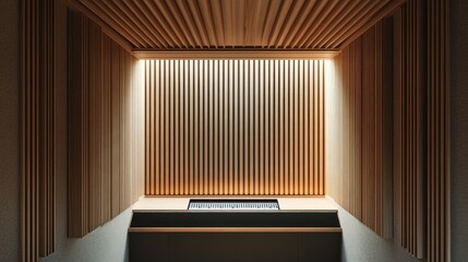 Minimalist home recording studio with acoustic foam and wood slats 