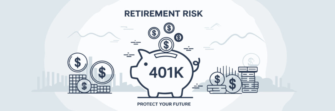 Retirement risk concept with 401k piggy bank and cascading dollar signs – Perfect for retirement planning articles, financial security discussions, or investment risk content.